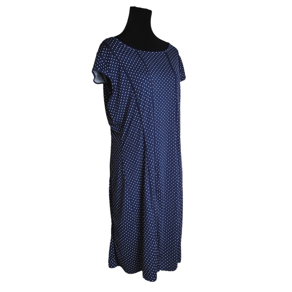 Short Sleeve Scoopneck A-line Dress Navy Blue with White Polka Dots XL